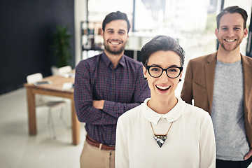 Image showing Portrait, teamwork and leadership with a business woman and her team standing in the office together. Management, leader and collaboration with a group of businesspeople looking confident about work