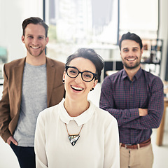 Image showing Portrait, collaboration and management with a business woman and her team standing in the office together. Leadership, manager and teamwork with a group of businesspeople looking confident about work