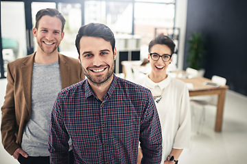 Image showing Portrait, collaboration and management with a business man and his team standing in the office together. Leadership, manager and teamwork with a group of businesspeople looking confident about work