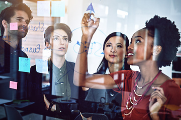 Image showing Planning, brainstorming and business people with ideas on a board for schedule in a meeting. Teamwork, office and diversity of group of employees writing a strategy, notes or a plan for collaboration