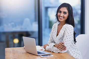 Image showing Business, portrait and Indian woman with a laptop, startup success or planning for a project, connection or development. Face, female employee or entrepreneur with technology, modern office or growth