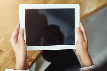 Image showing Hands, tablet and screen with a business person working online in the office for information research. Technology, internet and display with a corporate employee accessing a database from above