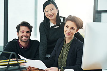 Image showing Teamwork, training and portrait of business people with a report for planning and work agenda. Happy, help and a manager with employees and a document for a strategy, collaboration or schedule