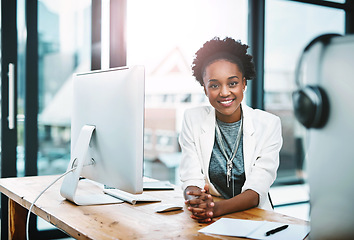 Image showing Business, portrait and black woman with a smile, startup success and computer with confidence, career and professional. Face, female person or employee with happiness, pc or development for a project