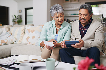 Image showing Elderly couple, financial debt and life insurance discussion with banking document and bills. Retirement fund, senior people and communication in a home living room with paperwork and contract