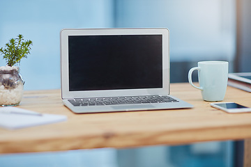 Image showing Empty workspace, business and laptop at a desk for communication, connectivity and email. Office, table and a computer at work for connection, networking and online planning at a professional agency