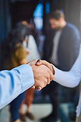 Image showing Shaking hands, business people in collaboration and partner, trust in team with thank you and onboarding or hiring. Professional agreement, employees with handshake with contract deal and teamwork