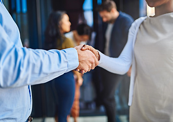 Image showing Handshake, business people in collaboration and partnership, trust in team and onboarding or hiring. Professional agreement, deal and contract with man and woman shaking hands, teamwork and thank you