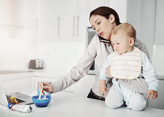 Image showing Family, baby and mother with multitasking, home and phone call with stress, feeding toddler and burnout. Mama, female parent and infant in the kitchen, smartphone and communication with frustration