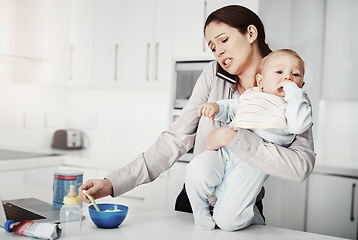 Image showing Frustrated, baby and mother busy multitasking in home with phone, food and work or childcare, stress and pressure. Mom, newborn boy and overwhelmed with no support, partner or working single parent