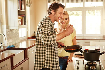 Image showing Taste, smile or happy couple kitchen cooking with healthy food for lunch or dinner together at home. Eating, love or woman laughing or smiling with mature husband in meal preparation in Australia