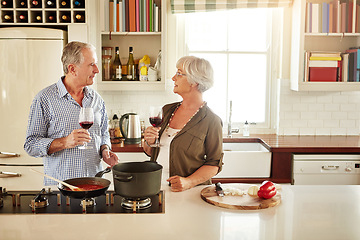 Image showing Wine, happy or old couple cooking food for a healthy vegan diet together with love in retirement at home. Smile, support or senior woman drinking or talking in house kitchen with husband at dinner