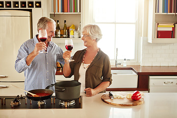 Image showing Toast, wine or happy old couple cooking food for a healthy vegan diet together with love in retirement at home. Cheers or senior woman drinking in house kitchen to celebrate with husband at dinner