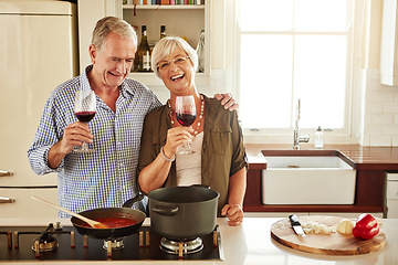 Image showing Portrait, wine or happy old couple cooking food for a healthy vegan diet together with love in retirement at home. Senior woman drinking or bonding in house kitchen with mature husband at dinner