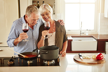 Image showing Hug, wine or happy old couple cooking food for a healthy vegan diet together with love in retirement at home. Cheers or senior woman drinking or bonding in house kitchen with mature husband at dinner