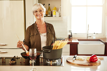 Image showing Portrait, cooking or senior woman in kitchen with healthy food for nutrition, wellness or retirement at home. Elderly, spaghetti or mature person in house kitchen in preparation for dinner meal