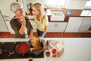 Image showing Taste, woman or mother cooking food for a healthy vegan diet together with love in family home. Smile, tasting or adult child learning or helping senior mom in house kitchen for lunch meal or dinner