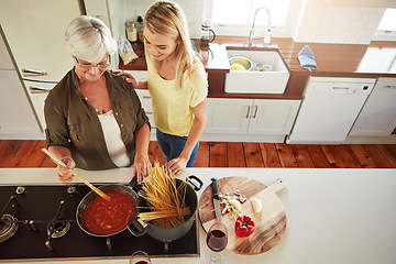 Image showing Teaching, woman or mother cooking food for a healthy vegan diet together with love in family home. Girl, above or adult child learning or helping senior mom in house kitchen for lunch meal or dinner