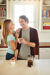 Image showing Affection, coffee or happy couple laughing in kitchen at home bonding or enjoying quality time together. Embrace, hugging or above of funny mature man relaxing or drinking tea with woman at home