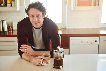 Image showing Portrait, kitchen or happy man drinking coffee for breakfast for energy to start the day at home. Smile, relax or person enjoying fresh hot tea or strong espresso with caffeine in morning routine