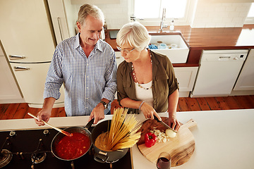 Image showing Top view, happy or old couple kitchen cooking with healthy food for lunch or dinner together at home. Love, help or senior woman smiling or talking to mature husband in meal preparation in retirement