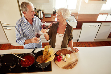 Image showing Top view, wine or happy old couple cooking food for a healthy vegan diet together with love in retirement at home. Senior woman drinking or bonding in house kitchen with mature husband at dinner