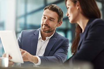 Image showing Teamwork, tablet and planning with business people in the office for research on a company project. Collaboration, technology and brainstorming with a corporate team talking about strategy at work