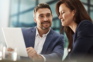 Image showing Collaboration, tablet and strategy with a business team in the office for research on a company project. Teamwork, technology and brainstorming with corporate people talking while planning at work