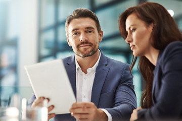 Image showing Meeting, tablet and planning with a business team in the office for research on a company project. Teamwork, portrait or technology with a corporate man and woman in collaboration together at work