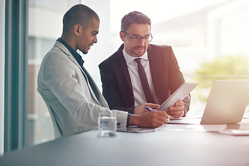 Image showing Tablet, teamwork and business men planning in conference room meeting, management and discussion of corporate data. Professional people, partner or manager talking and analysis on digital technology