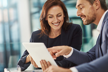 Image showing Teamwork, tablet and meeting with business people in the office for research on a company project. Collaboration, technology and brainstorming with a corporate team talking about strategy at work