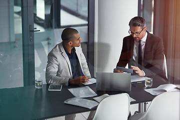 Image showing Planning, tablet and business men meeting, advice and consulting for financial help, discussion or review in office. Professional people, leader or accountant on tech behind window reflection