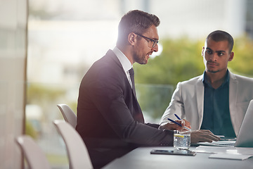 Image showing Planning, laptop and business men with manager for discussion, collaboration and corporate management in office. Professional people, boss or clients speaking, review and advice, meeting and computer