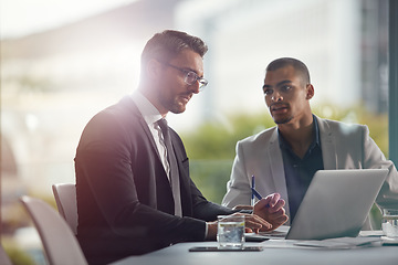 Image showing Planning, laptop and business man with partner meeting, teamwork and discussion for corporate ideas and proposal. Professional people or manager talking, review and report analysis on computer