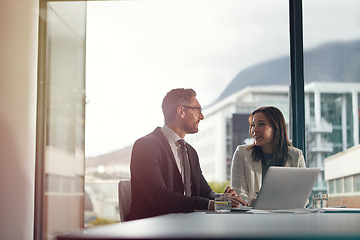 Image showing Laptop, planning and business people or clients in meeting collaboration, teamwork or discussion of advice. Corporate woman, worker or professional partner talking in conference, office and computer