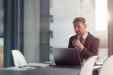 Image showing Business man, laptop and thinking, reading or online check, data analysis or financial solution in office. Planning, focus or finance review of professional accountant or corporate person on computer