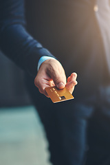 Image showing Credit card, payment and closeup of a businessman hand for shopping, financial bills and loans. Finance, customer and zoom of professional male person paying, buying and spending money for retail.