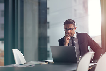 Image showing Business man, laptop and thinking, reading or online decision, choice or solution of software data or boss review. Planning, focus and problem solving of corporate person or CEO on computer in office