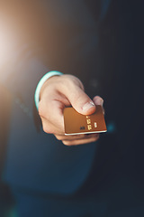 Image showing Bank card, payment and closeup of a businessman hand for shopping, financial bills and loans. Finance, customer and zoom of professional male person paying, buying and spending money for retail.