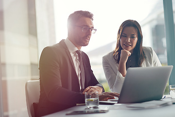 Image showing Thinking, planning and business people on laptop in meeting collaboration, teamwork or discussion of online information. Corporate woman and professional partner reading, talking or ideas on computer