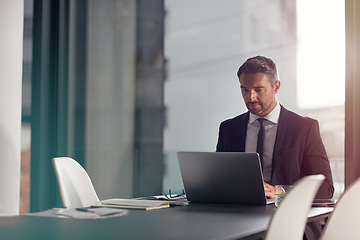 Image showing Laptop. research and business man in office for career planning, project review and company management software. Professional person typing, focus and online analysis on computer in conference room