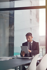 Image showing Tablet, search and business man in office for corporate management, data analytics and financial software app. Typing, scroll and accountant person in conference room working on digital technology