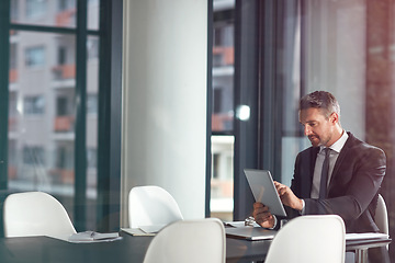 Image showing Tablet, typing and business man planning in office, conference room or glass reflection, data analysis and software. Professional person or corporate office CEO search analytics on digital technology