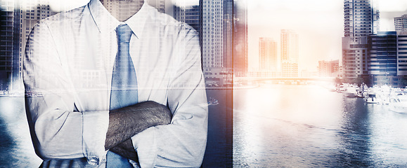 Image showing Business man, double exposure and arms crossed by buildings for mockup space, career or 3d overlay at job. Businessman, holographic cityscape or metro skyline in workplace with lens flare for mock up