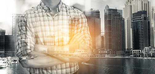 Image showing Business man, double exposure and arms crossed by city skyline with entrepreneur, career or urban overlay. Businessman, ceo and holographic cityscape with metro buildings at workplace with lens flare