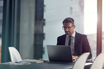 Image showing Computer, working and business man in office or conference room schedule, agenda and management software. Typing, career research and workflow planning of professional or CEO person on laptop