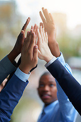 Image showing Business people, hands and high five for teamwork, success and team building. Group, collaboration and employees with hand together for cooperation, support and solidarity, motivation and celebration