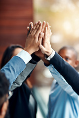 Image showing Business people, hands and high five for teamwork, collaboration and team building. Group, solidarity and employees with hand together for cooperation, support and synergy, motivation and celebration