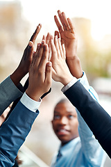 Image showing Business people, hands and high five for collaboration, success and team building. Group, teamwork and employees with hand together for cooperation, support and solidarity, motivation and celebration