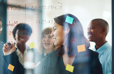 Image showing Business people, glass wall and woman writing, strategy in office and brainstorming. Sticky notes, planning and group of employees working on ideas, schedule and collaboration for teamwork at work.